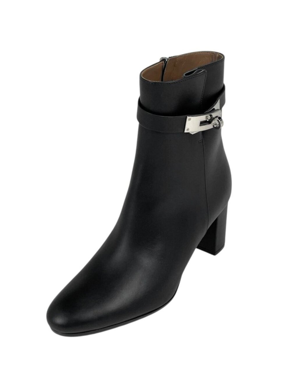 Hermes Saint Germain Kelly Belt Leather Boots Shoes High Heels Zip Up Black